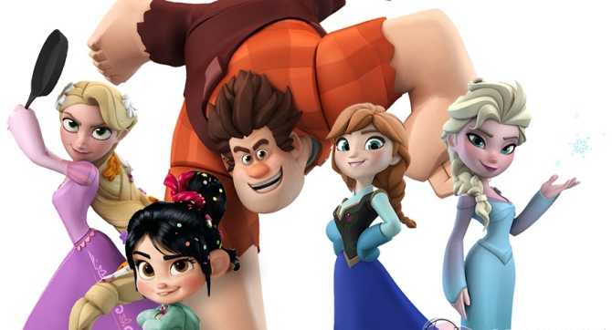 A press-image for Disney Infinity's Wreck-It Ralph, Frosen and Tangled characters.